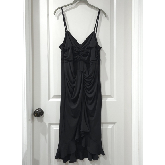 ELOQUII Black Strappy Midi Flounce Ruffle High Low Hem Dress, V-Neck Twist Front - Picture 3 of 13